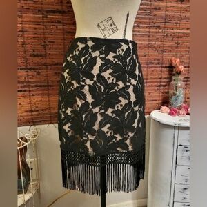Honey Punch Black Lace Pencil Skirt with Fringe